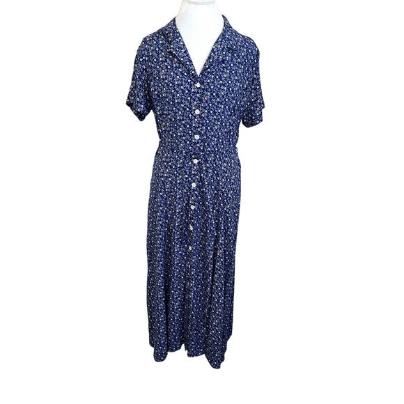 Vintage LL Bean Shirt Dress Size 14 Blue 90s Ditsy Cottage Tie Floral Modest - Picture 1 of 9